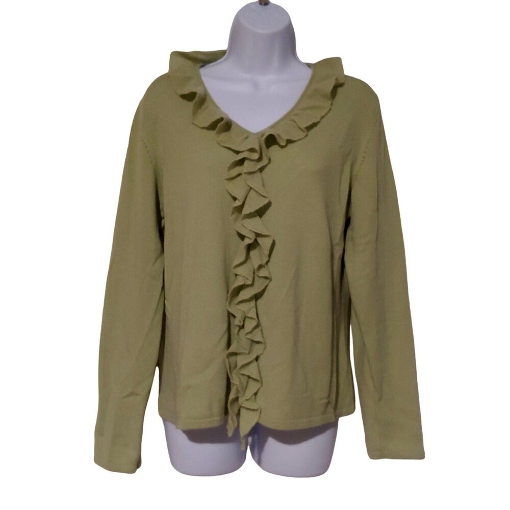 Prive 100% Cashmere L-Sleeve V-Neck Ruffle Key Lime Sweater Large